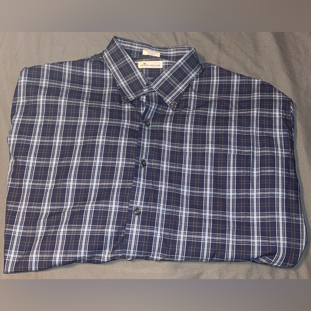 Peter Millar Mens XXL Blue Gingham Check Button Up Shirt 100% Cotton Long Sleeve